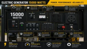 electric generator 15000 watts control panel with multiple outlets, breakers, and monitoring gauges