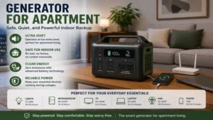 Battery-powered generator for apartment used safely inside a modern living room.