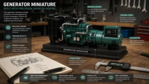 generator miniature in a workshop setting with precision tools and engineering annotations