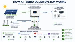 How a hybrid solar system manages energy flow between solar panels, batteries, the home, and the grid