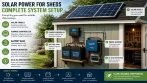 Complete solar panel for shed power system showing solar panels, batteries, inverter, and protection devices