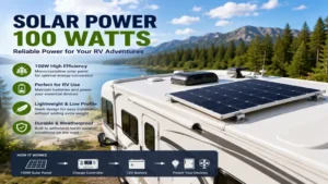 Solar power 100 watts panel mounted on an RV roof supplying dependable power during travel and camping