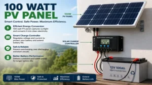 100 watt pv panel linked to a solar charge controller for safe and efficient power management