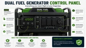 Control panel of a best dual fuel generator featuring outlets, switches, and digital display