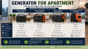 Generator for apartment size comparison between compact portable units and larger backup systems.