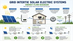 Energy flow diagram explaining how grid intertie solar electric systems power a home and the electric grid