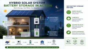 Hybrid solar system battery storage supplying electricity during nighttime and power outages