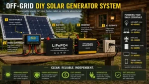 off-grid diy solar generator system powering essential devices with renewable solar energy