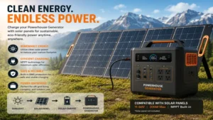 powerhouse generator connected to solar panels for renewable energy charging