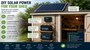 DIY solar panel for shed power project with step-by-step installation and energy storage components