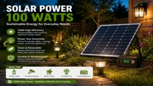 Solar power 100 watts solution powering garden lighting and outdoor devices with clean renewable energy