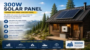 300w solar panel powering an off-grid cabin with sustainable renewable energy