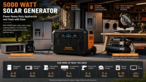 5000 watt solar generator running heavy-duty appliances and power tools with stable high-output energy
