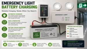 Emergency light battery charging system connected to backup emergency lighting