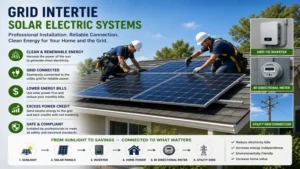 Professional installation of grid intertie solar electric systems on a modern residential roof