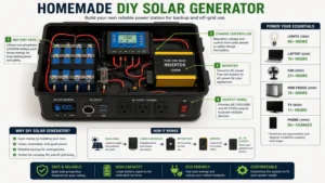 homemade diy solar generator battery setup with inverter and multiple output ports