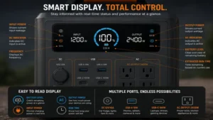 Close-up view of a powerhouse generator display panel showing battery and output status