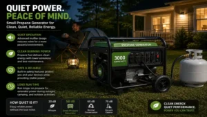 Quiet small propane generator operating outdoors with low noise and clean emissions
