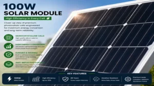 Close-up view of photovoltaic cells inside a solar module 100w with advanced energy conversion