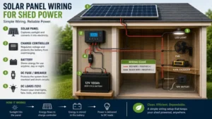 Detailed solar panel for shed power wiring diagram connecting panels, batteries, lights, and tools