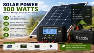 Solar power 100 watts system with real-time energy monitoring and battery management display