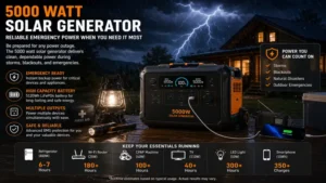 5000 watt solar generator delivering emergency power outdoors during storms, blackouts, and outages