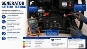 Testing battery in generator voltage and condition for reliable operation