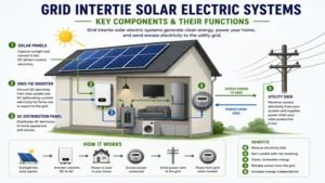 Main components of grid intertie solar electric systems including solar panels inverter meter and utility connection