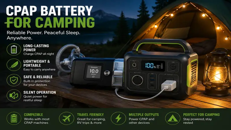 Portable cpap battery for camping powering a CPAP machine outdoors at a campsite.