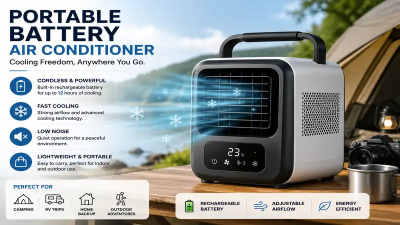 Portable battery air conditioner with rechargeable cordless cooling for camping and outdoor use