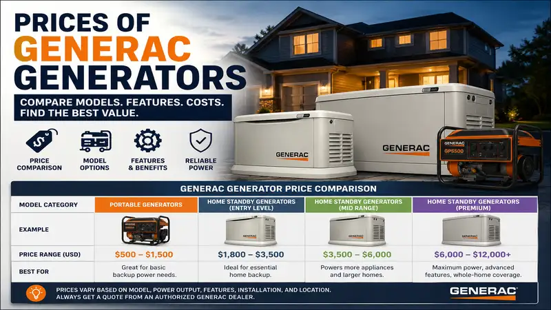 Prices of Generac generators comparison showing popular home standby and portable models with estimated price ranges.