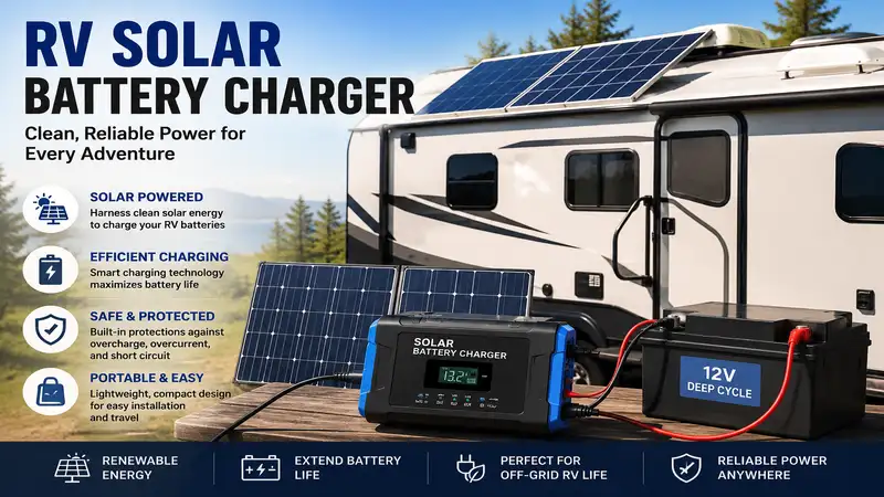 RV solar battery charger connected to solar panels charging a recreational vehicle battery during an outdoor camping trip