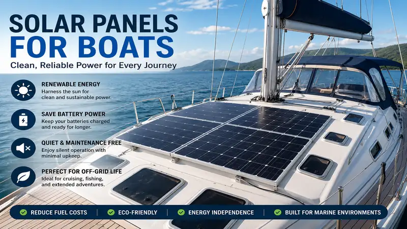 Solar panels for boats installed on a sailboat to provide clean and reliable marine power.