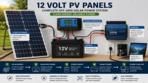 12 volt pv panels connected to a charge controller, battery, and inverter in an off-grid setup