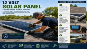 12 volt solar panel mounted on an RV roof to provide renewable energy while traveling.