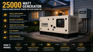 25000 watt generator connected to a home for whole-house emergency backup power