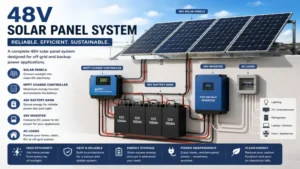 48v solar panel system connected to batteries and an inverter for reliable off-grid power