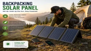 Lightweight backpacking solar panel set up at a campsite to generate renewable power