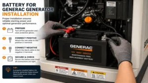 Battery for generac generator installation showing secure battery terminal connections inside the generator.
