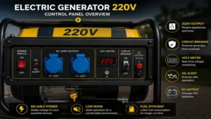 Electric generator 220v control panel with outlets, voltage display, and safety switches