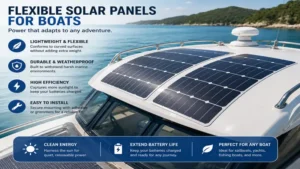 Flexible solar panels for boats fitted on a curved cabin roof to maximize available space.