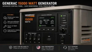Close-up of the Generac 15000 watt generator control panel with easy-to-use monitoring features.