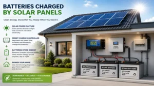 Home batteries charged by solar panels storing electricity for daily use