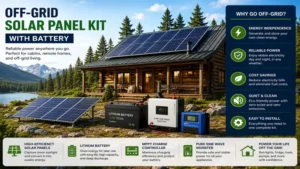 Off-grid solar panel kit with battery powering a remote cabin with renewable energy