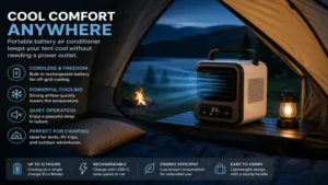Portable battery air conditioner used for camping, tents, and outdoor adventures