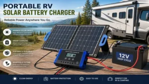 Portable RV solar battery charger providing reliable off-grid power for camping and travel adventures
