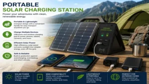 Portable solar charging station used for camping to recharge phones, tablets, and power banks.