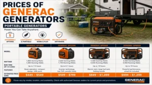 Prices of Generac generators for portable models used for home backup, RVs, camping, and job sites.