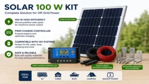 Solar 100 W kit including panel, charge controller, and cables
