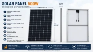 Solar panel 500w with labeled dimensions for installation planning.